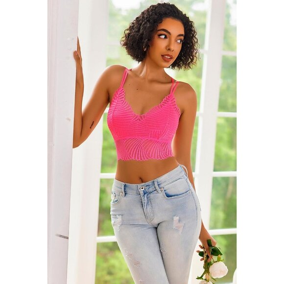 Women's Fluo Pink Lace Camisoles Double-layered V-neck Sexy Bralettes Crop Top - Picture 4 of 5